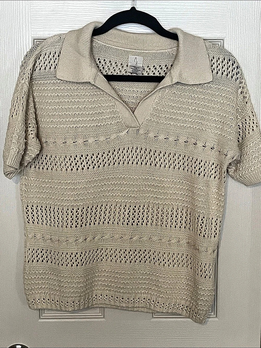 joie Crochet Knit Polo Sweater in Cream Size Medium